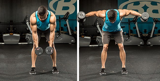 Разведение рук с гантелями в наклоне стоя