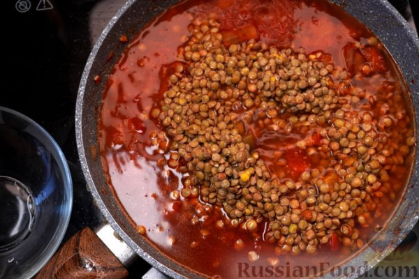 Чечевица с баклажанами, тыквой и помидорами (на сковороде)