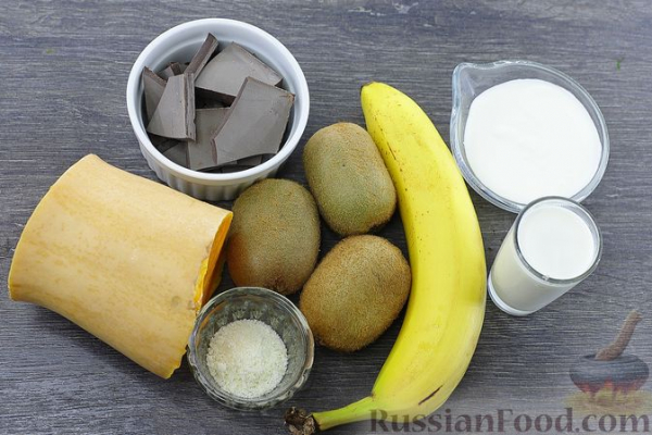 Десерт из тыквы с бананом, киви и шоколадом