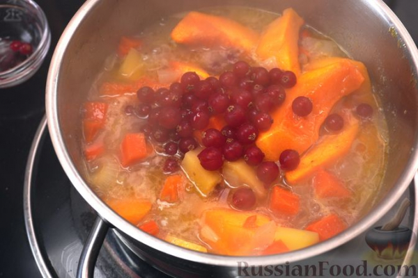 Крем-суп из запечённой тыквы с клюквой
