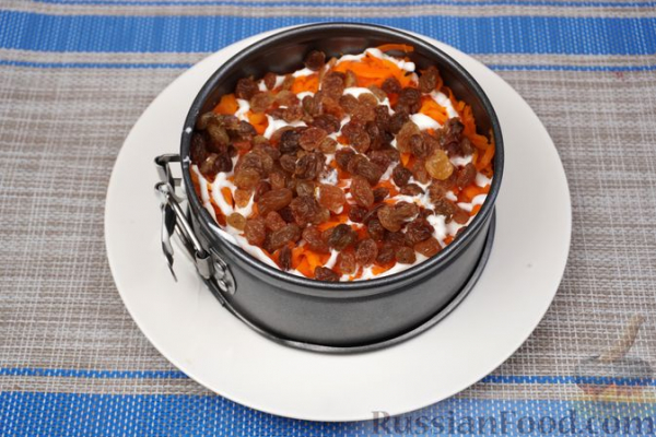Слоёный салат с курицей, апельсинами, изюмом и орехами