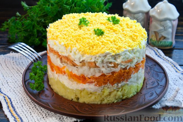 Слоёный салат с редькой, картофелем, морковью, яблоком и варёным яйцом