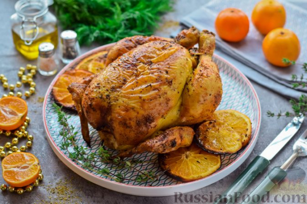 Курица, запечённая с мандаринами и тимьяном
