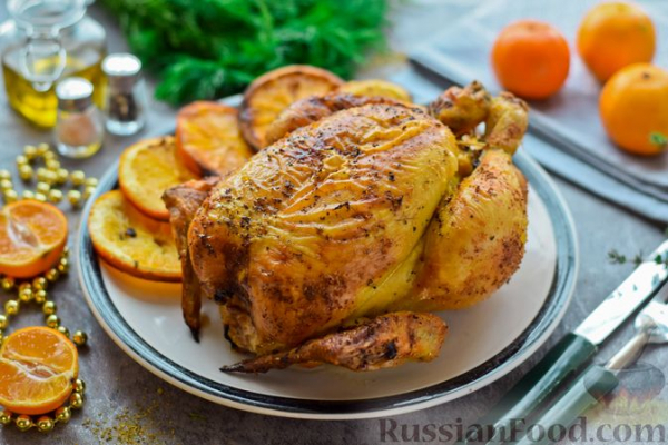 Курица, запечённая с мандаринами и тимьяном