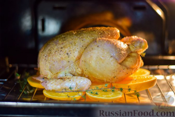 Курица, запечённая с мандаринами и тимьяном
