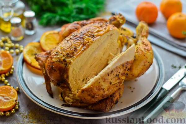 Курица, запечённая с мандаринами и тимьяном