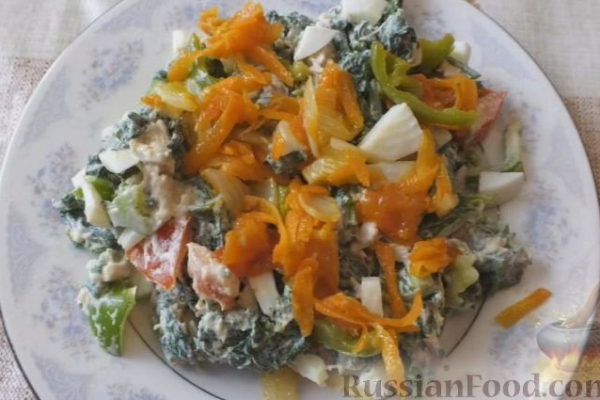 Салат с крапивой, курицей, овощами и яйцами