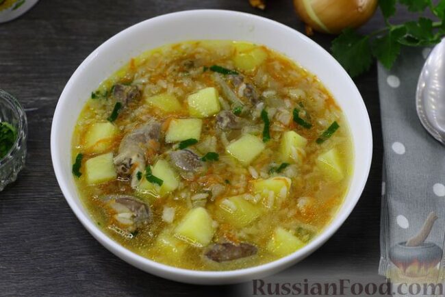 Суп с куриными сердечками и рисом Суп с куриными сердечками и рисом